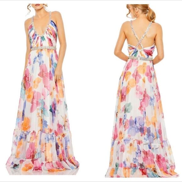 Mac Duggal 2219 Plunge Neck Embellished A Line Floral Print Gown | Size 12 - Picture 1 of 10
